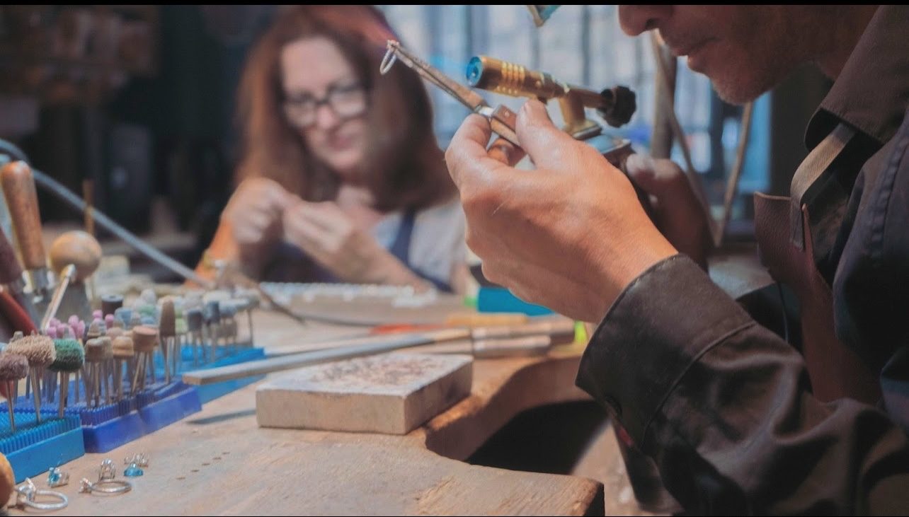 Annie and Ariel Katorza working together at the bench in the Annie Smith workshop, Stockbridge